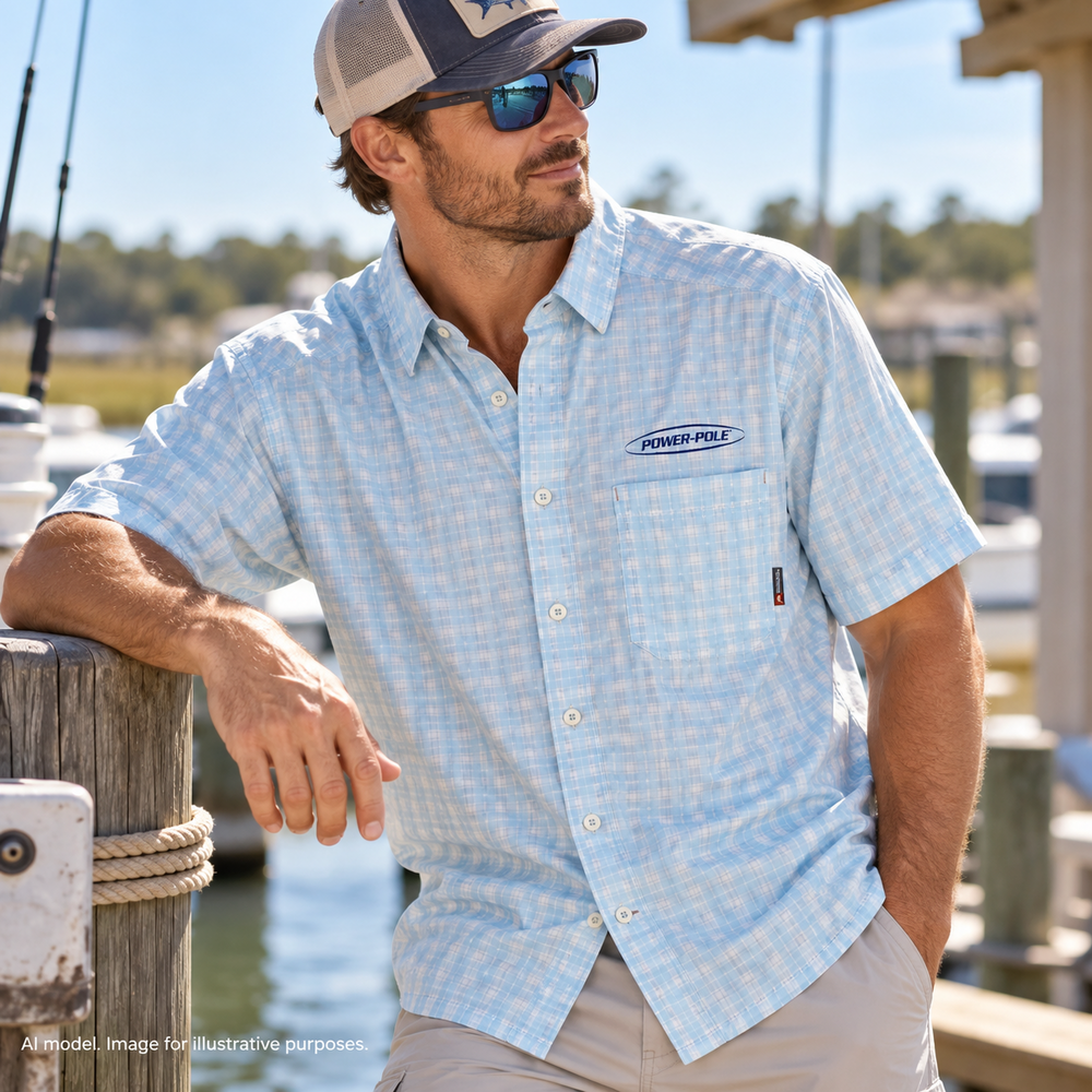 Simms Shirt Men Medium White Blue Mini Check Nylon Pocket Boating Fishing Hiking